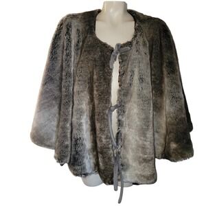 Womens vintage 1960's Faux Fur Capelet Grey Ombre‎ Tie Front Poncho Shawl boho